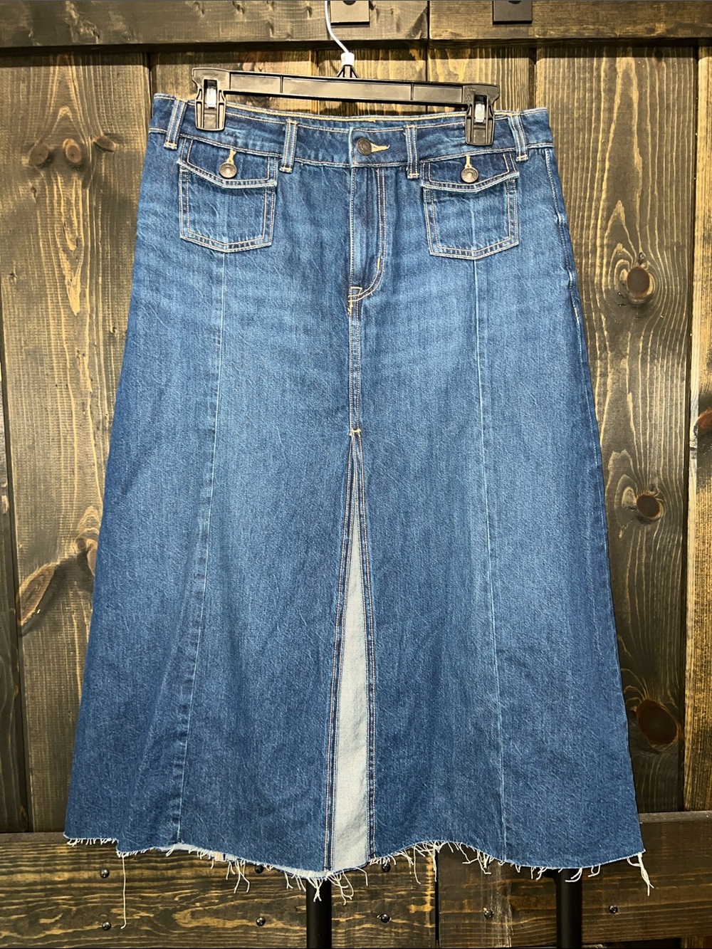 American Eagle Denim Midi Skirt 2 Low Rise Raw Hem Pockets Festival Western